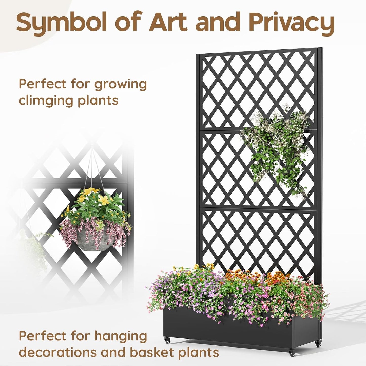 Metal Raised Garden Bed with Trellis & Wheels,72" x 35"x 15.7" Planter Box with Trellis,Privacy Planters for Patio,Garden Bed for Climbing Plants,Suitable for Climbing Plants and Vegetables,Black