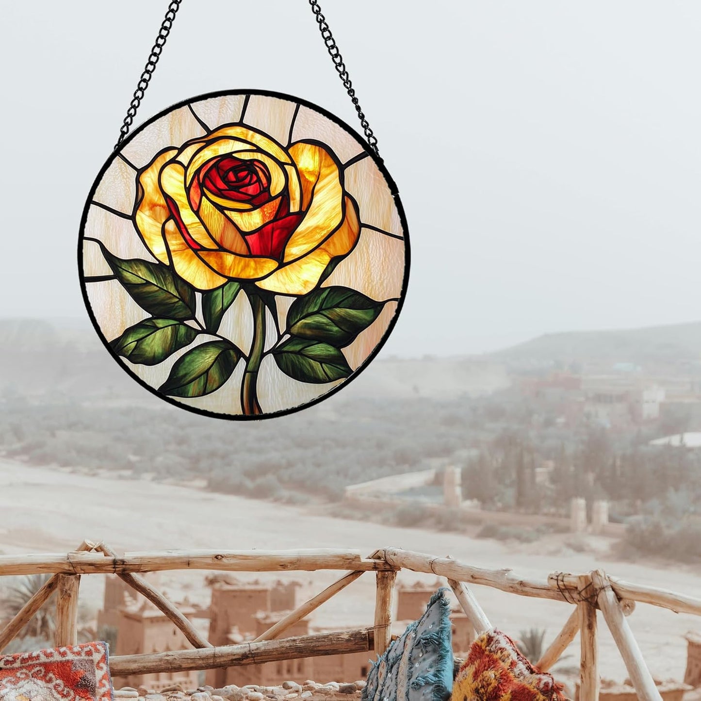 Stained Glass Window Hanging - Elegant Yellow Rose Flower Sun Catcher for Door Garden Home Decor Suncatcher Christmas Mother's Day Birthday Gifts for Women Mom Girl Nana Friend 9.8 in