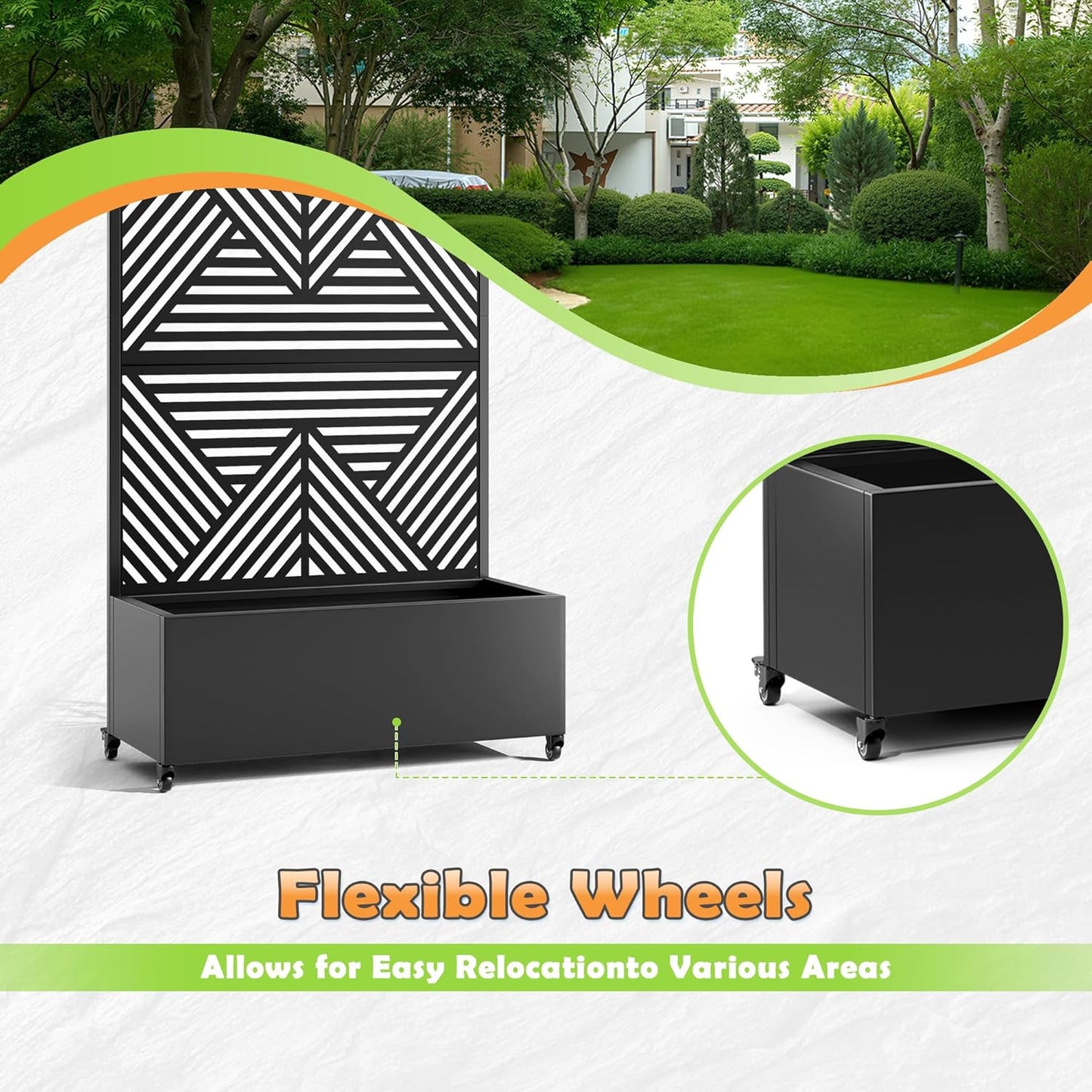 Metal Raised Garden Bed with Trellis, 2-in-1 Planter Box & Privacy Screen for Climbing Plants, Outdoor Standing Flower Bed with Drainage Holes, 35.4" L x 15.7" W x 70.1" H, Black-Zodiac