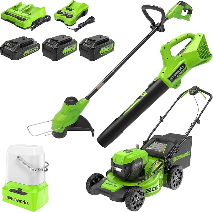 Greenworks 48V (2x24V) All-in-One Cordless Combo - 20" Push Lawn Mower, 12" Trimmer, 320 CFM Blower & 500 Lumen Lantern