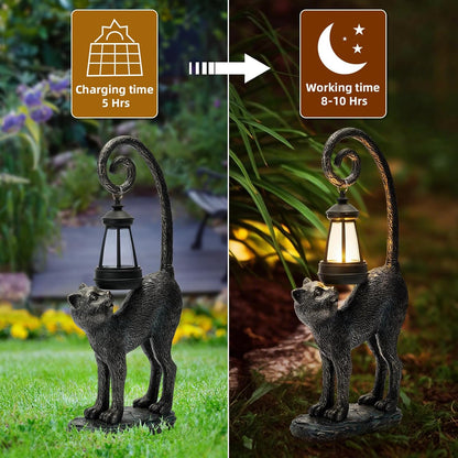 Solar Cat Garden Decor Outdoor Statue - Cat with LED Waterproof Sculptures Lights, Cute Pond/Yard Statues Outside Decoration, Home, Lawn, Patio, Resin Animal Ornament, Women/Gardening Gift
