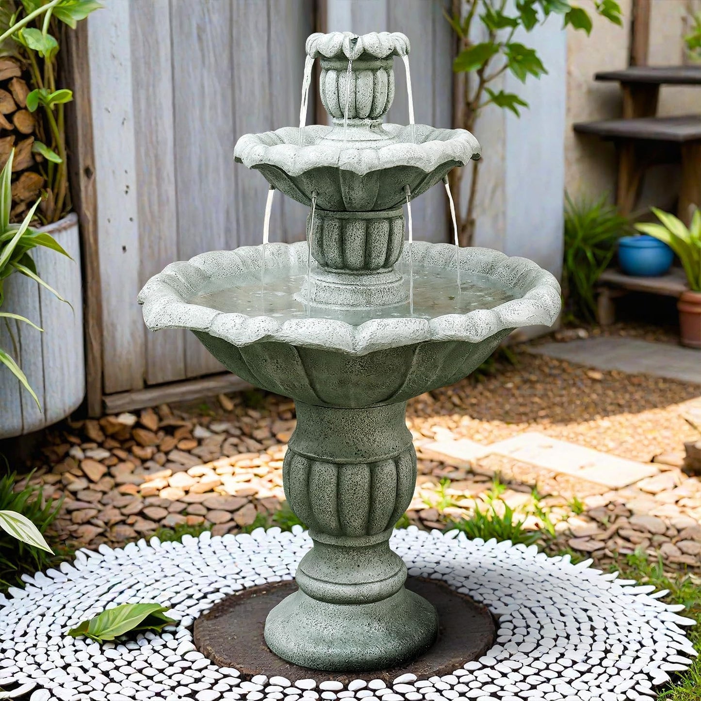 SunJet 39.3” High Modern Concrete Outdoor Water Fountain - 3 Tiered Large Floor Water Fountain and Waterfalls with Electric Pump for Garden, Patio, Yard, and Deck Decor, Featuring Natural Stone Look