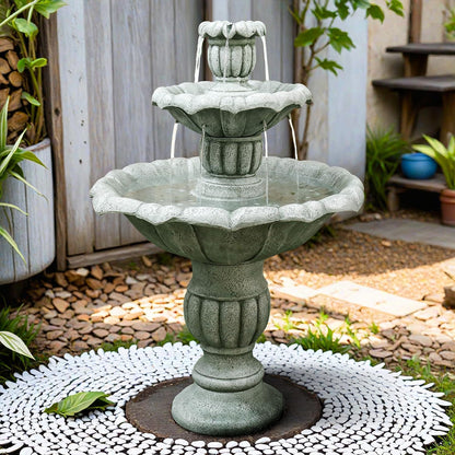 SunJet 39.3” High Modern Concrete Outdoor Water Fountain - 3 Tiered Large Floor Water Fountain and Waterfalls with Electric Pump for Garden, Patio, Yard, and Deck Decor, Featuring Natural Stone Look