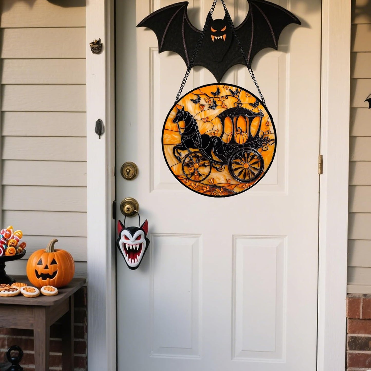 Stained Glass Window Hanging - Halloween Pumpkin Carriage Suncatcher for Doors Window Garden Indoor Spooky Funny Orange Sun Catchers Gothic Decor Horror Gifts for Women Men Friend 6.3 in