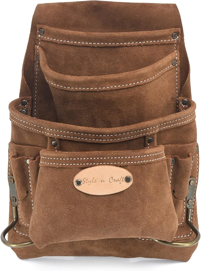 Style n Craft 10-Pocket Carpenter’s Nail and Tool Pouch, Heavy-Duty Suede Leather Pouch, Dark Tan (88923)