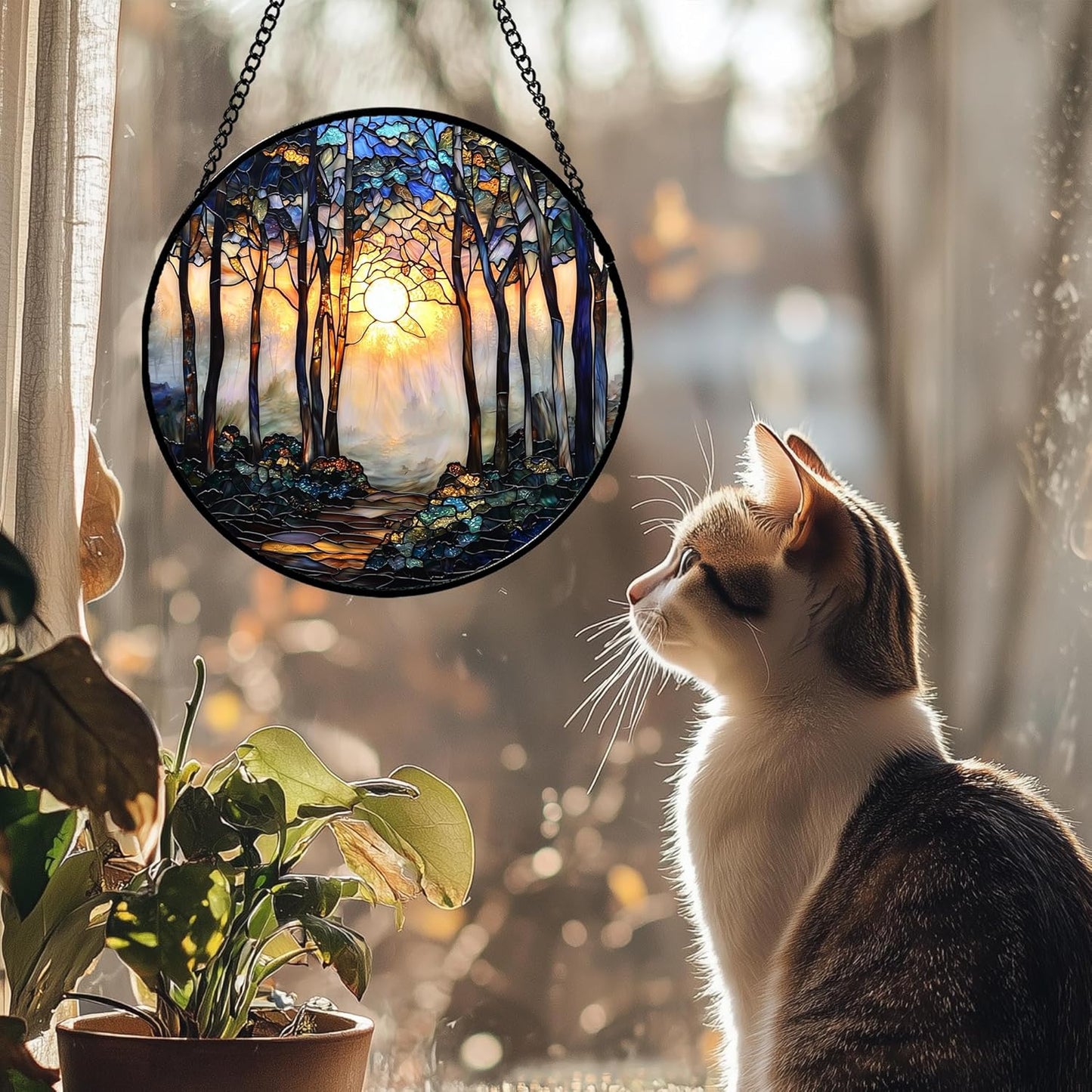 Stained Glass Window Hanging, Forest Sunrise Smoke Blue Brown Tree Suncatcher for Doors Window Home Landscape Sun Catchers Decor Mother's Day Birthday Gifts for Women, Men Mom 7.8 in