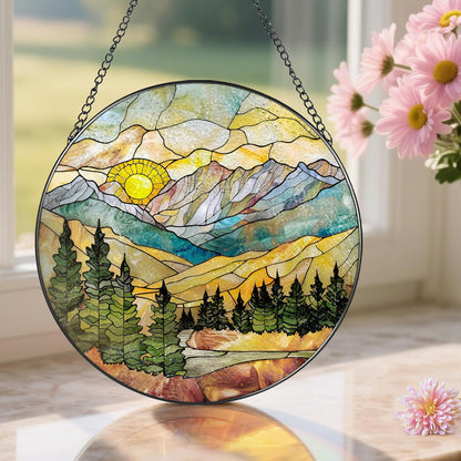 Stained Glass Window Hanging - 8 Inch Mountain Range Suncatcher for Window Doors Home Decoration, Valentine's Day Mother's Day Christmas Birthday Gifts for Women, Men, and Mom Grandma
