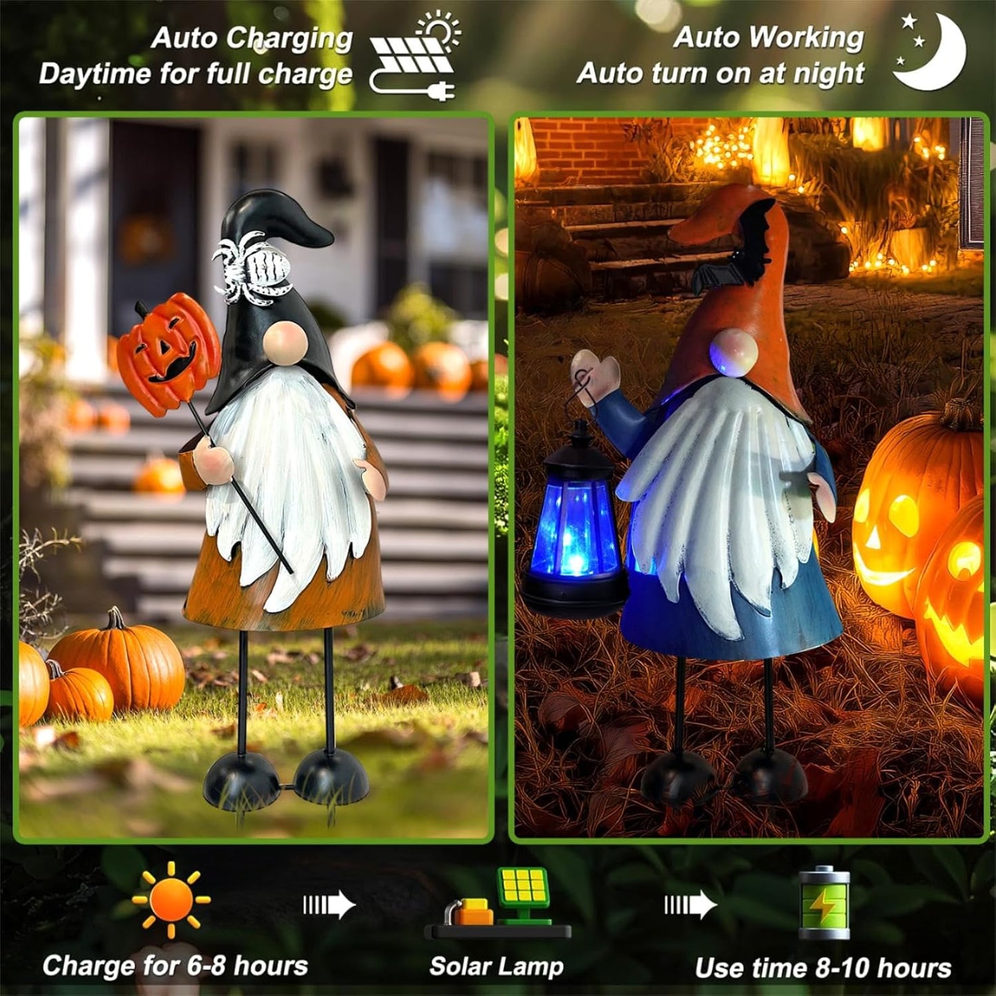 HONGLAND Halloween Decorations Outdoor Solar Gnomes with LED Lantern, Gnomes Metal Yard Art Halloween Outdoor Decor Patio Holiday Gardening Gifts for Mom Women
