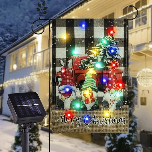Merry Christmas Garden Flag Outdoor Decorations, Led Red Truck with Three Gnomes Yard Flag, 12x18 Double Sided Solar Lighted Winter Christmas Decor (Three Dwarves)