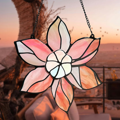 Stained Glass Window Hanging - Pink Flowers Suncatchers for Windows Hanging Floral Sun Catcher for Plant Lovers Anniversary Love Gift