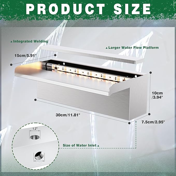 LONGRUN Waterfall Pool Fountain, Updated 5.9'' Wider Open Lip Stainless Steel Waterfall Spillway, Decorative Water Feature for Swimming Pools, Koi Ponds, Spa & Garden - 11.8''