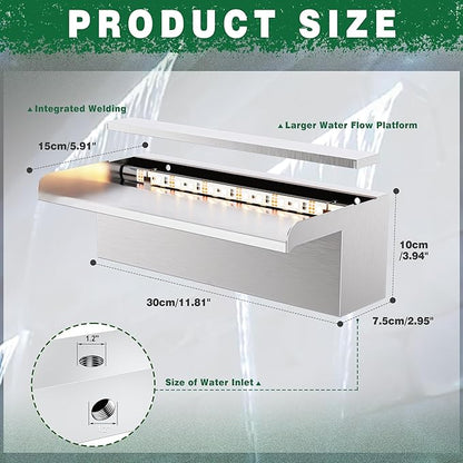 LONGRUN Waterfall Pool Fountain, Updated 5.9'' Wider Open Lip Stainless Steel Waterfall Spillway, Decorative Water Feature for Swimming Pools, Koi Ponds, Spa & Garden - 11.8''