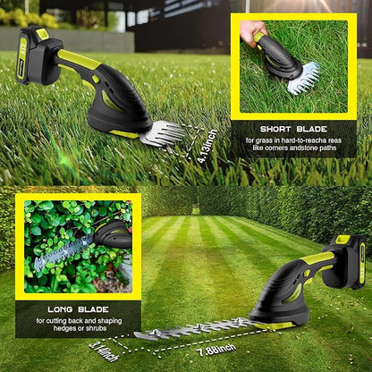 Cordless Hedge Trimmer with Battery and Charger Included, 2 in 1 Handheld Small Electric Bush Trimmers/Grass Cutter Yard Tool for Shrub,Tree,Lawn, Battery Powered Hedge Clippers for Garden