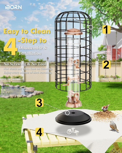 iBorn Squirrel Proof Bird Feeder - Pigeon Proof Cage for Outside With Pestoff Hanging Wild Bird Seed for Mix Blends - Heavy Duty All Metal Copper 14 Inch
