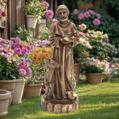 LuxenHome 25'' Saint Francis Garden Statue, Religious Garden Sculpture, Catholic St. Francis Statue for Patio, Yard, Home, Fiber Stone Decor, Outdoor Sculptures Decorations, Brown