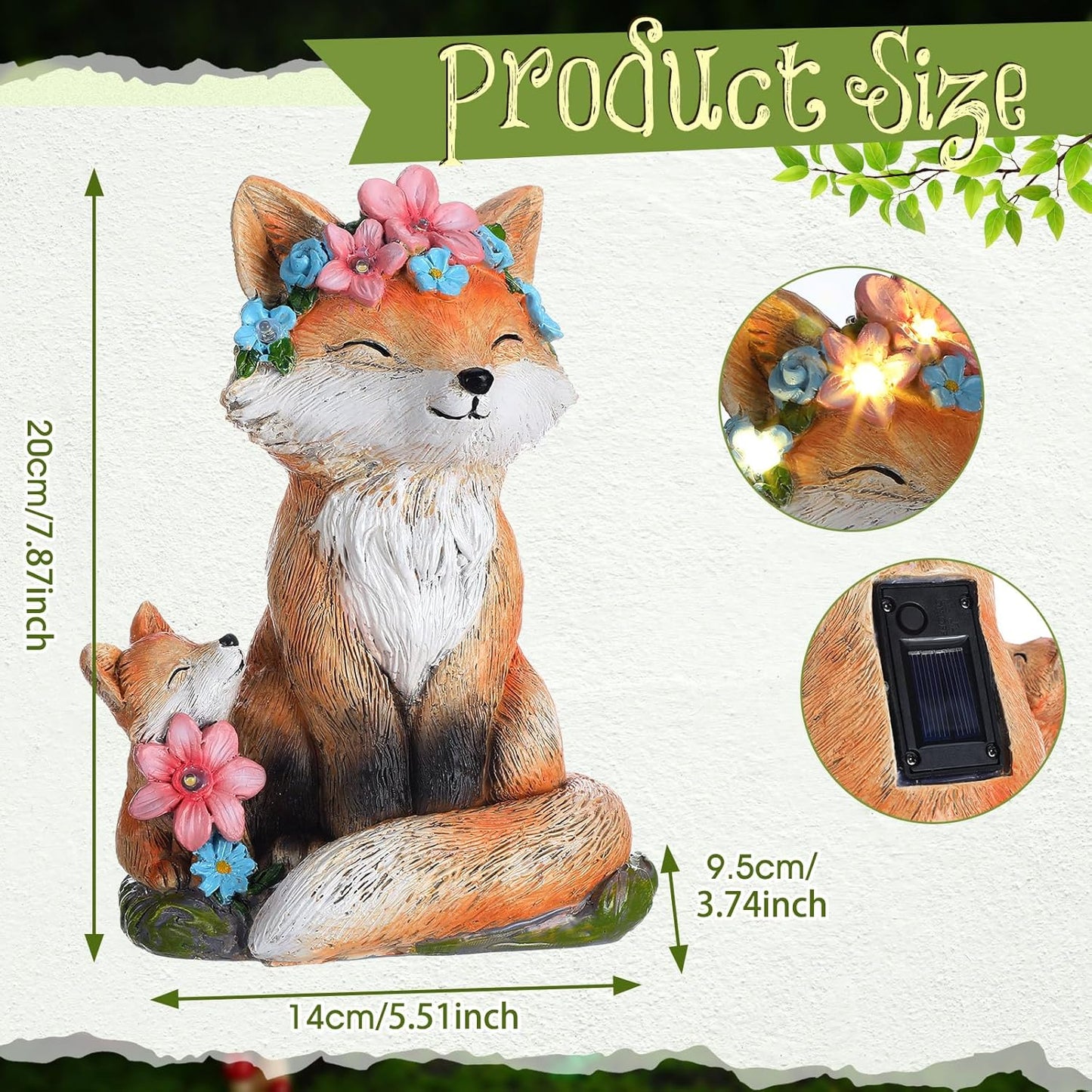 Leinuosen Fox Statue with Solar Power Light for Garden Decor Lighted Resin Fox Gifts for Women Mom Grandma Outdoor Animal Garden Statue Patio Porch Yard Lawn Courtyard Backyard Indoor Shelf Decoration