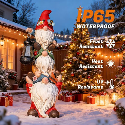 Christmas Garden Gnome Statue with Solar Lights Garden Sculptures Funny Triple Gnome Outdoor Patio Lawn Yard Balcony Home Decor Birthday Gifts for Women Mom Grandma 12 in Thanksgiving Gnome