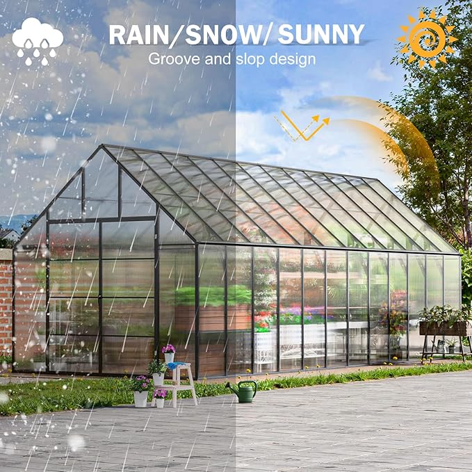 CDCASA 24x10x10 FT Greenhouse for Outdoors, Large Thicker Aluminum Heavy Duty Polycarbonate Greenhouses Kit w/5 Vent Windows, Swing Door, Walk-in Green House for Sunroom Patio,Backyard