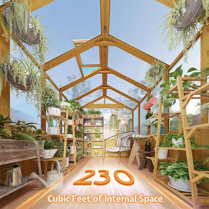 Jocisland 6x8x6.5 Ft Wooden Greenhouse, Pre-Assembled Solid Cedar Frame, Walk-in Design, Lockable Door, Adjustable Roof Vents, Polycarbonate Panels for Outdoor, Garden, Backyard