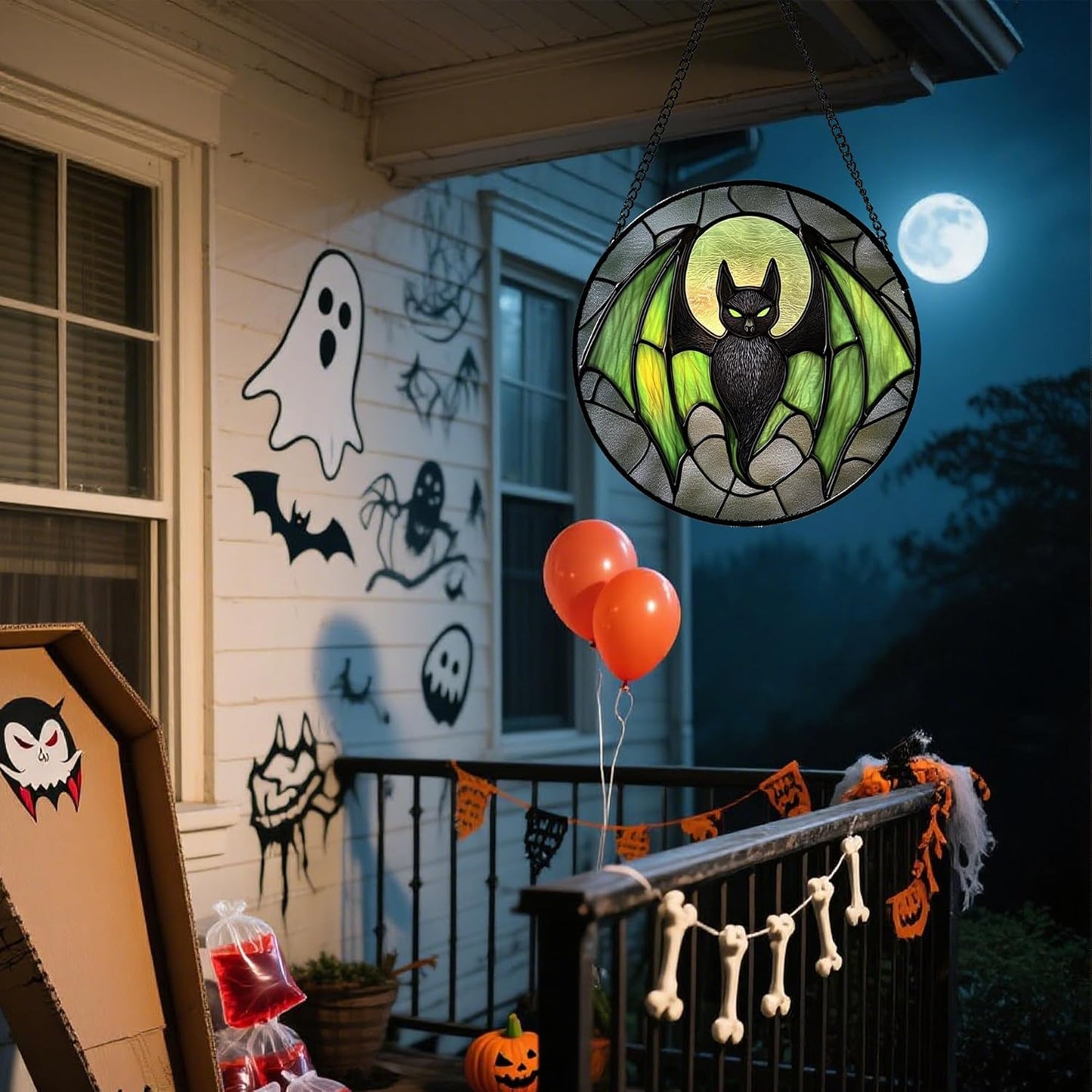 Stained Glass Window Hanging - Halloween Black Bat Green Wings Monster Suncatcher for Doors Garden Home Spooky Sun Catchers Gothic Decor Horror Gift for Women Men Friend Boy Girl 7.8 in