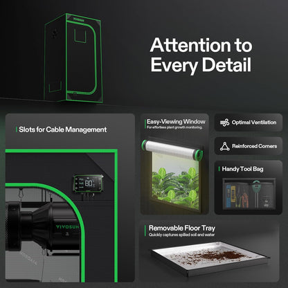 VIVOSUN S224 2x2 Grow Tent, 24"x24"x48" High Reflective Mylar with Observation Window and Floor Tray for Hydroponics Indoor Plant for VS1000