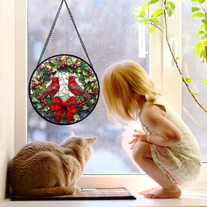 Stained Glass Window Hanging - Cardinals Green Wreath Suncatcher for Doors Home Christmas Decoration Red Bird Sun Catcher Thanksgiving New Year Birthday Gift for Women Men Mom Nana 9.8 in