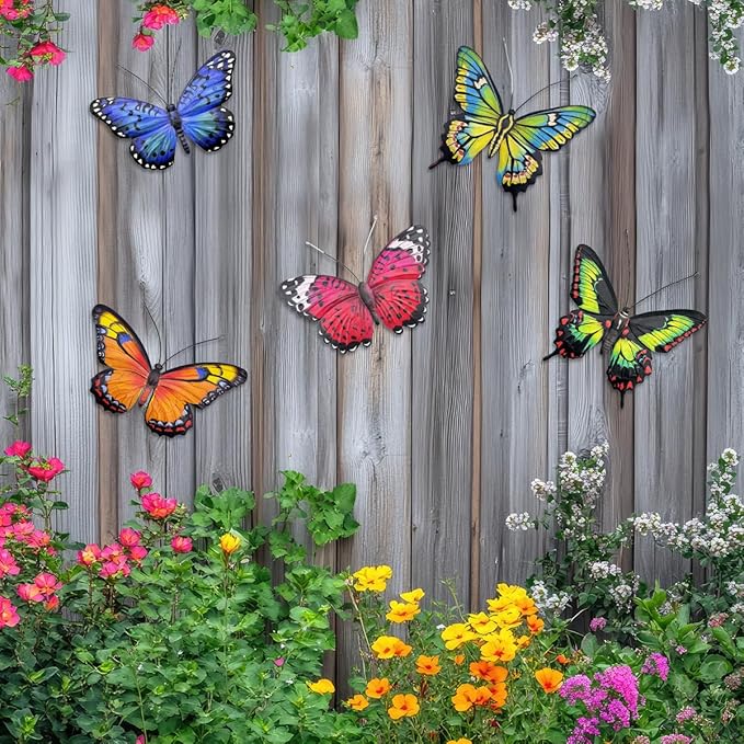 EOORAU Metal Butterfly Wall Outdoor Decor - 5 Pack Metal Butterflies Wall Art Sculpture Hanging Decor for Home Yard Patio Garden Decorations