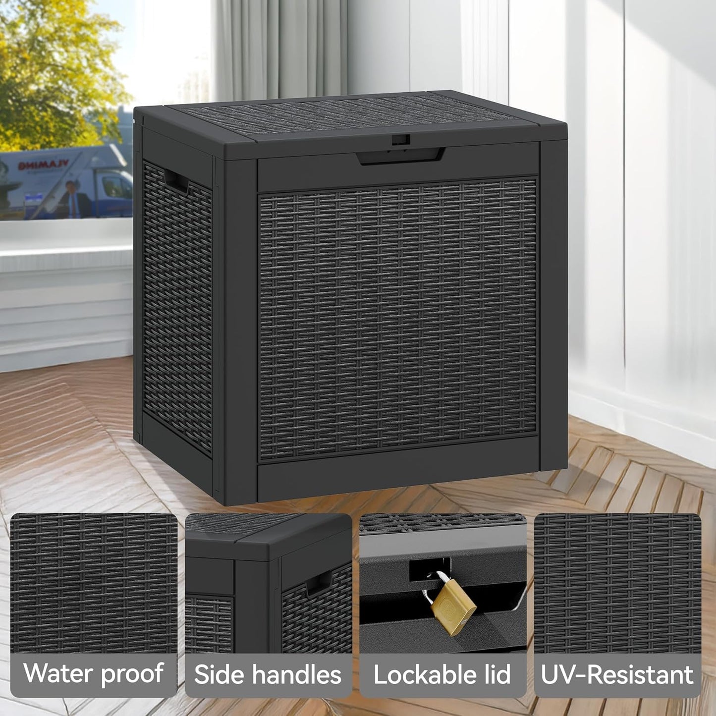 Outdoor Storage Box, Resin Deck Boxes Indoor and outdoor, Waterproof Storage Box Lockable Lid (Black, 31 Gallon)
