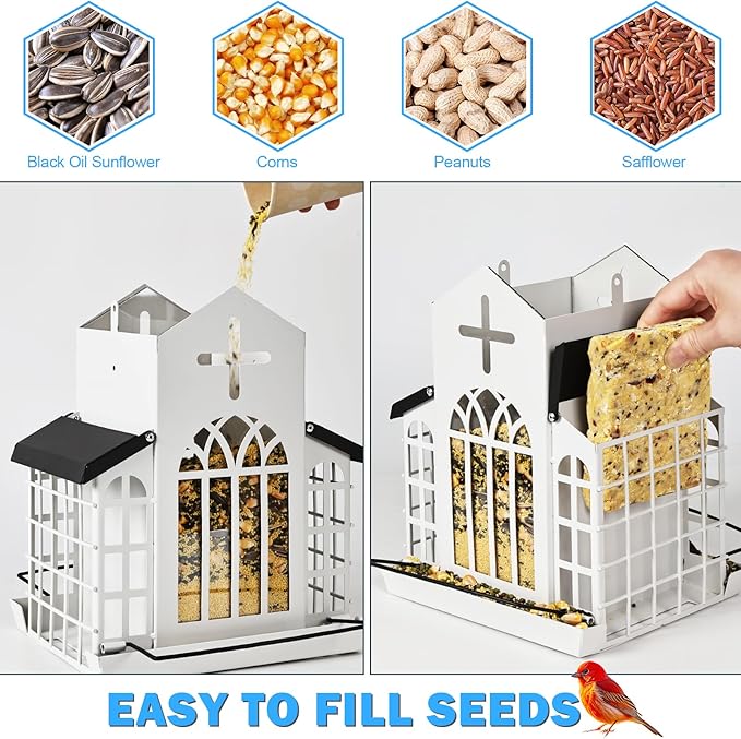 5LB Church Metal Hanging Bird Feeder for Outdoors, Weatherproof Suet Feeders for Outside Hanging, Large Bird Feeders Great for Attracting Finch, Woodpecker and More Wild Birds-Blue