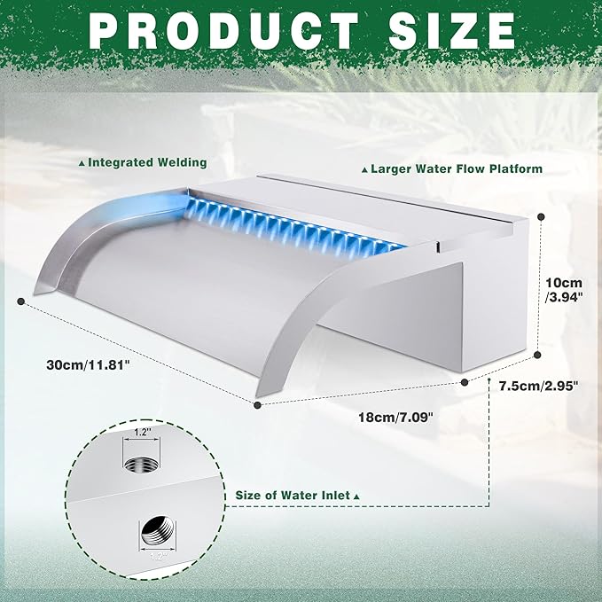 Waterfall Pool Fountain, LONGRUN Stainless Steel Waterfall Spillway for Pools and Ponds - 11.8" Wide Decorative Water Feature for Swimming Pools, Koi Ponds, and Garden