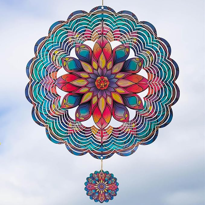 3D Mandala Wind Spinner, 12 Inch Stainless Steel Outdoor Wind Sculpture, Handcrafted Metal Garden Art for Patio, Yard, Weatherproof & Silent Spinning Mandala Decor