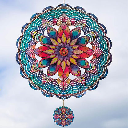 3D Mandala Wind Spinner, 12 Inch Stainless Steel Outdoor Wind Sculpture, Handcrafted Metal Garden Art for Patio, Yard, Weatherproof & Silent Spinning Mandala Decor