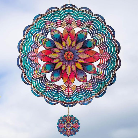 3D Mandala Wind Spinner, 12 Inch Stainless Steel Outdoor Wind Sculpture, Handcrafted Metal Garden Art for Patio, Yard, Weatherproof & Silent Spinning Mandala Decor