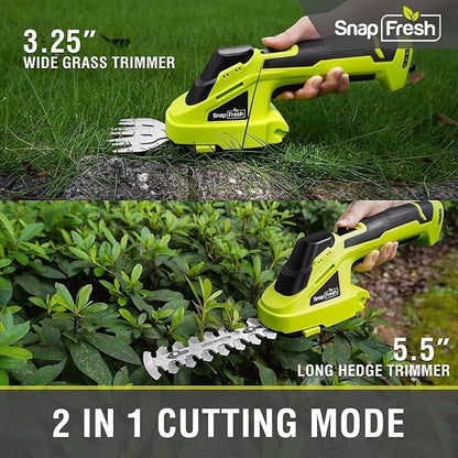 SnapFresh Cordless Grass Shear Bush Trimmer, 2 in 1 Handheld Hedge Trimmer, 7.2V Electric Grass Trimmers, Lightweight Shrubbery Trimmers Battery & Charger Included, Shrub Trimmer for Garden(Green)