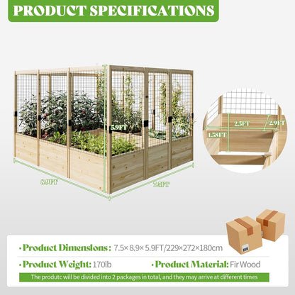 PaPaJet Wooden Raised Garden Bed for Outdoor, 1.6FT Depth Large Planter Box with Netting for Gardening, Vegetables, Flowers, Herbs（7.5× 8.9× 5.9FT）