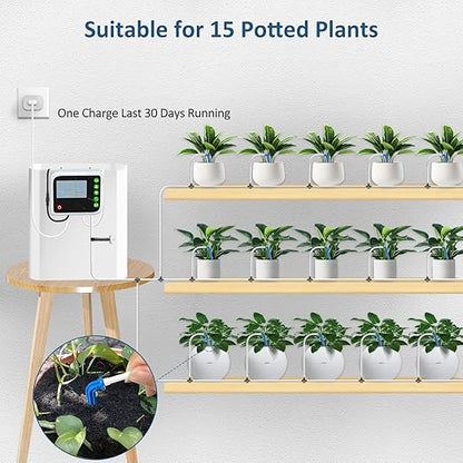 SoulBay Automatic Indoor Drip Irrigation Kit, Programmable Water Timer LCD Display, Self Watering System for 15 Potted Plants, USB Rechargeable