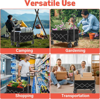 Wagons Carts Foldable,360 lbs Collapsible Wagon with Wheels Foldable Wagon Cart with Flexible Handle,Lightweight Portable Folding Cart for Camping Beach Picinic Grocery Outdoor Sports Shopping(Black)