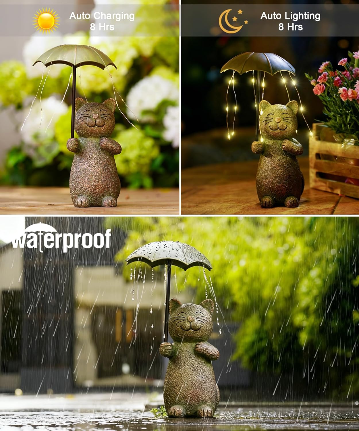 Nacome Solar Cat Garden Statues Outdoor Decor: Holding Umbrella with String Lights Patio Yard Lawn Outside Decorations - Birthday Gifts for Mom Grandma Women Sister(Copper)
