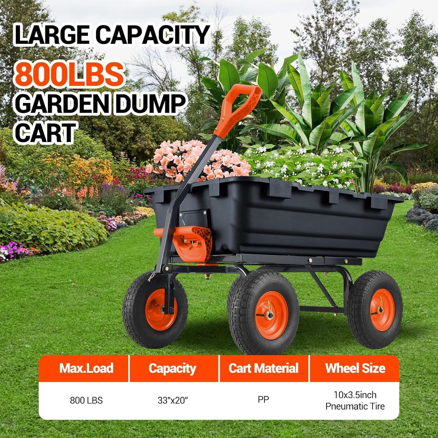 800 Lbs Garden Dump Carts, Heavy Duty Yard Cart, 4 Wheel Wheelbarrow with 10in Tires, Steel Frame and Quick Release System for Plants, Soil, Sand, in Courtyard, Beach, Farm(Black)