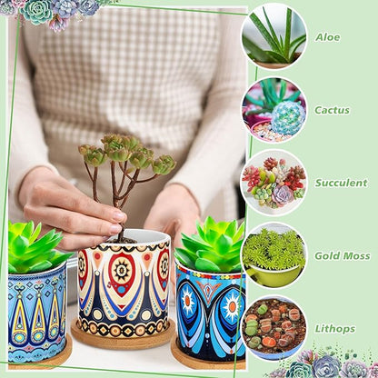 Zopeal 6 Pcs 3 Inch Succulent Pots Succulent Planters Cylinder Ceramic Pots Mandala Multicolor Cactus Pot with Drainage Holes and Bamboo Trays for Indoor Plants Flowers Garden Decoration(Basic)