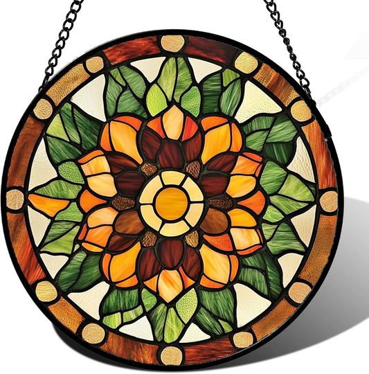 Stained Glass Window Hanging - Yellow Green Boho Style Flowers Sun Catcher for Door Garden Home Decor Suncatcher Christmas Mother's Day Birthday Gifts for Women Mom Girl Nana Friend 15 in