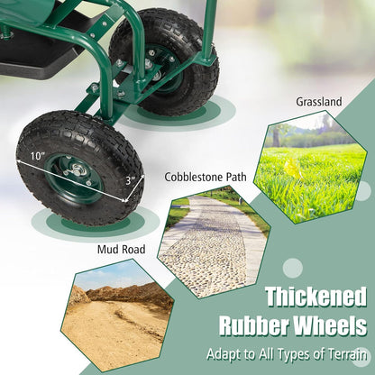 Goplus Rolling Garden Seat with Wheels, Outdoor Garden Cart with 360° Swivel Seat & Tool Storage, 2 Steering Handles, Gardening Stool Wagon Scooter, Lawn, Patio Gardening Workseat for Seniors