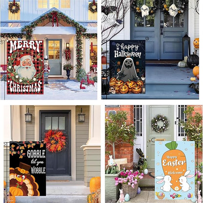 Seasonal Garden Flags Set of 12 Double Sided 12x18 Inch Yard Flags, Small Garden Flags for Outside Featuring Christmas Halloween Fall Winter Spring Easter for Outdoor Garden Holiday Decor All Seasons