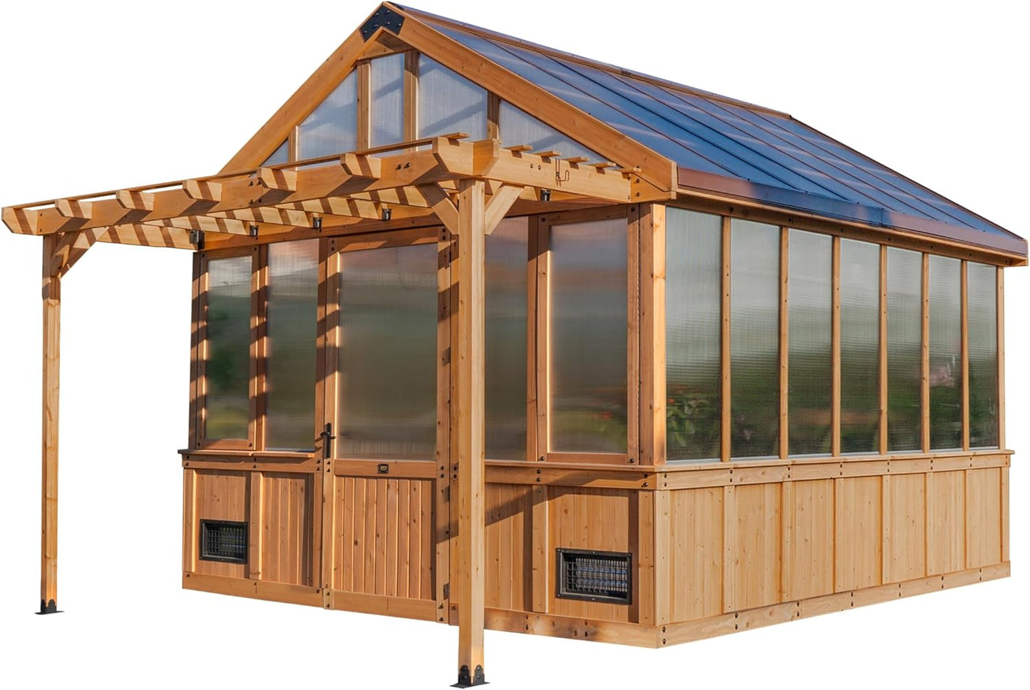 Backyard Discovery Bellerose XL 13' x 11' Cedar Wood and Polycarbonate Walk-in Greenhouse Kit with Pergola, Exhaust Fan, Windows, Hose Hook-Ups, PowerPort, Staging Shelves for Outdoor Gardening