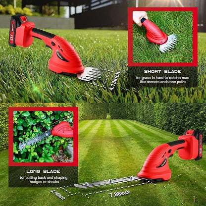 Hedge Trimmer Cordless - 1 Pack 21V Battery with Charger Powered Electric Mini Trimmers, 2 in 1 Handheld Hedge Shears + Grass Cutter Pruning Shrub Cutting Tool for Bush,Tree,Garden,Lawn,Yard