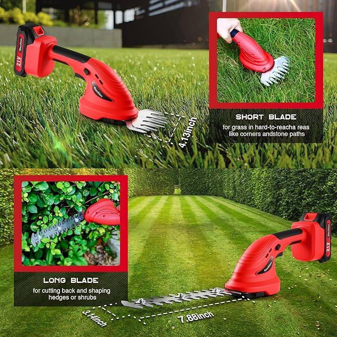 Cordless Hedge Trimmer with Battery (2Pack) and Charger, 2 in 1 Handheld Small Electric Bush Trimmers/Grass Cutter Yard Tool for Shrub/Tree/Lawn, Rechargeable Battery Powered Hedge Clipper for Garden
