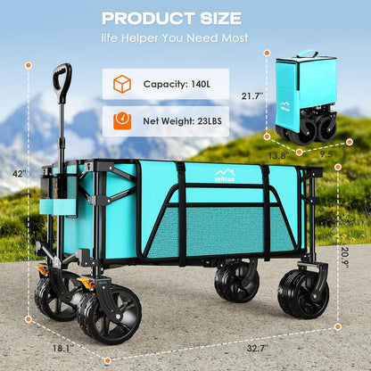 Collapsible Wagon Cart Heavy Duty Foldable, Folding Beach Wagon with Big Wheels for Sand, Utility Grocery Cart with Side Pocket and Brakes for Sports Outdoor Activities, Light Blue