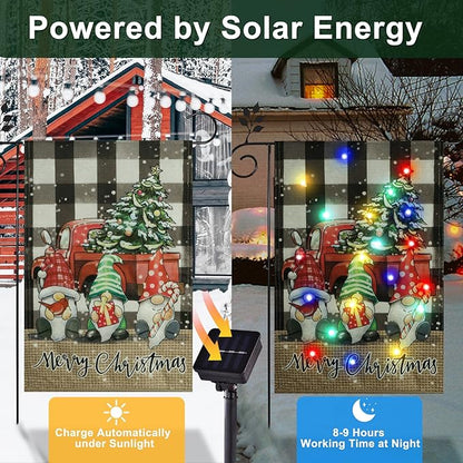 Merry Christmas Garden Flag Outdoor Decorations, Led Red Truck with Three Gnomes Yard Flag, 12x18 Double Sided Solar Lighted Winter Christmas Decor (Three Dwarves)