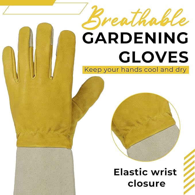 HANDLANDY Rose Pruning Gardening Gloves for Men Women, Thorn Proof Forearm Protection Leather Garden Gloves, Gardening Gifts for Gardeners (Yellow- goatskin, Large (Pack of 1))