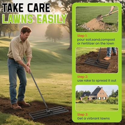 Lawn Leveling Rake with Teeth,Yard Ground Leveler 30”x10” Heavy Duty Leveler,Anti Flipping Smooth Edge,16-77" Adjustable, for Sand,top Soil Dressing,Yard Landscape,Ground Soil, Dirt,Grass